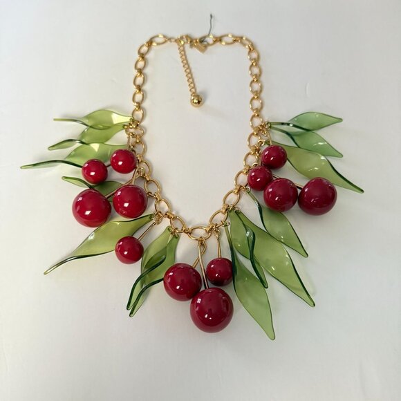 NWOT Rare Kate Spade Ma Cherie Gold Red Green Acrylic Cherry Statement Necklace - Picture 15 of 15
